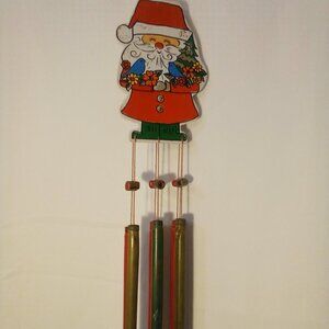 Vintage Wind Chime Christmas Santa Claus Wood Red Green